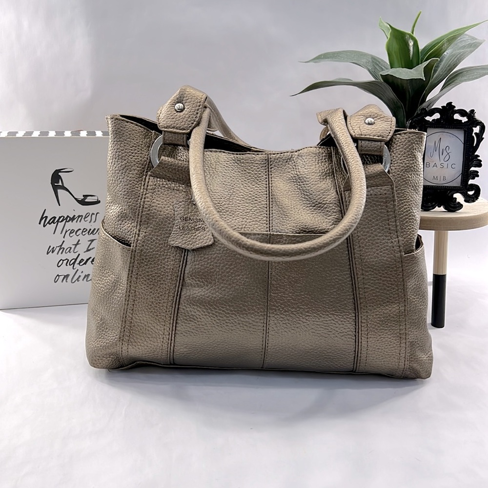 Metallic Gold Genuine Pebble Leather Double Handle Handbag